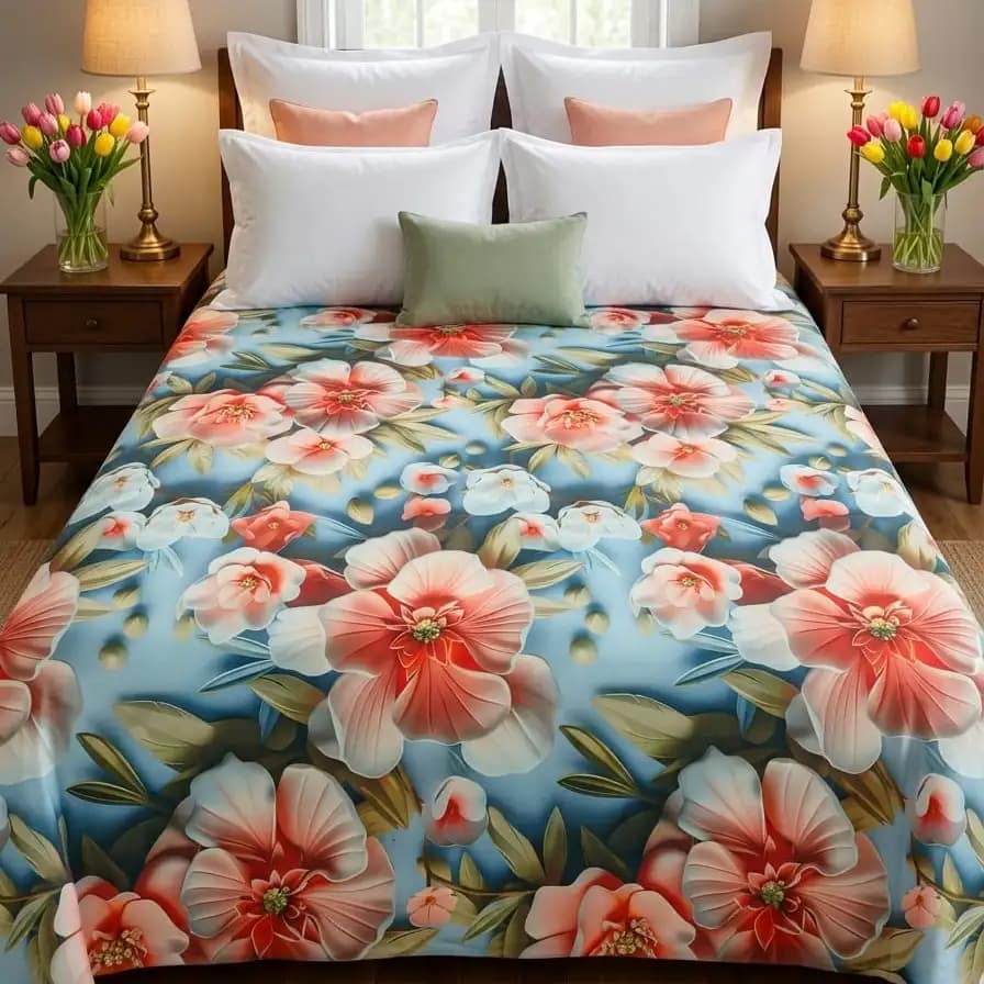 Blue floral print cotton bedsheet with large flower design on a modern bedroom bed