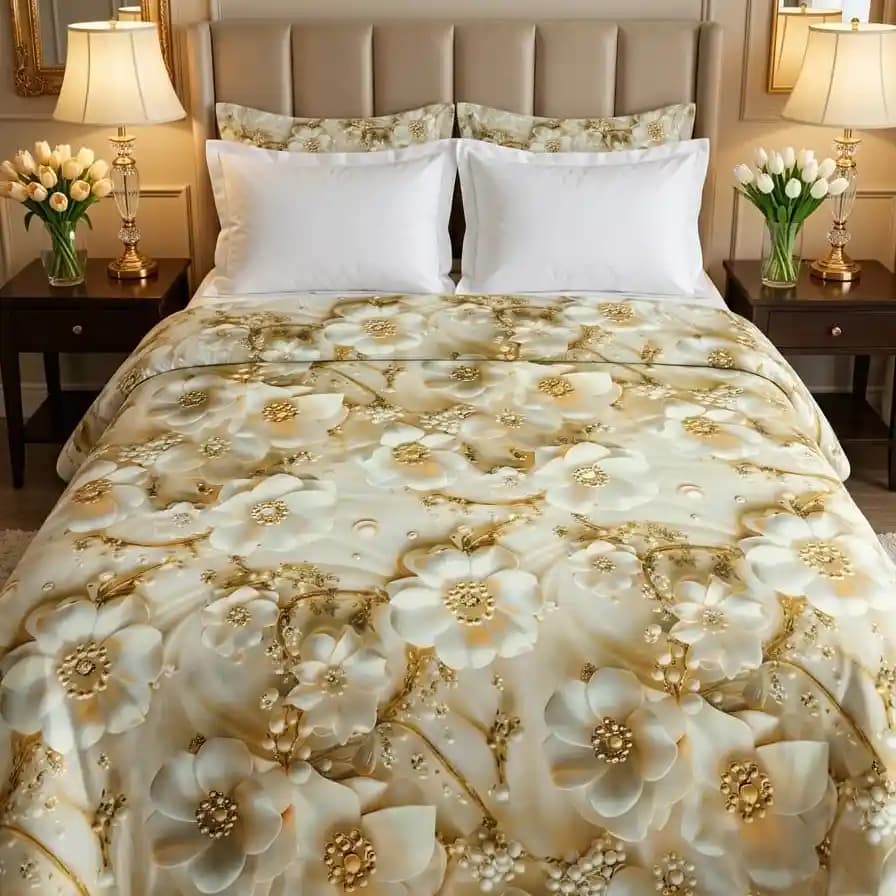 Waterproof 3D golden floral bedsheet made with original China fabric for elegant bedroom decor