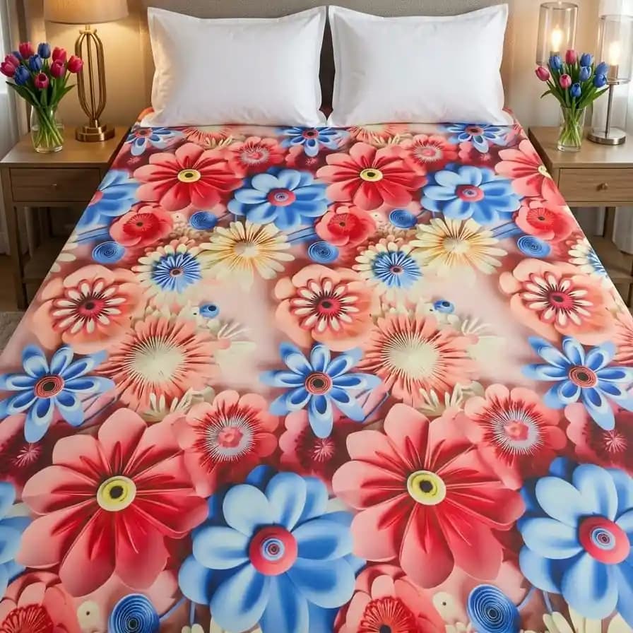 Waterproof 3D red and blue floral print cotton bedsheet made with original China fabric