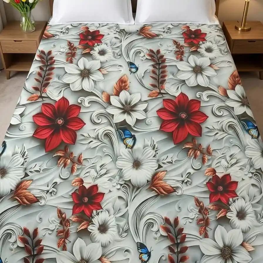 Waterproof 3D red and white floral cotton bedsheet with butterfly design made from original China fabric