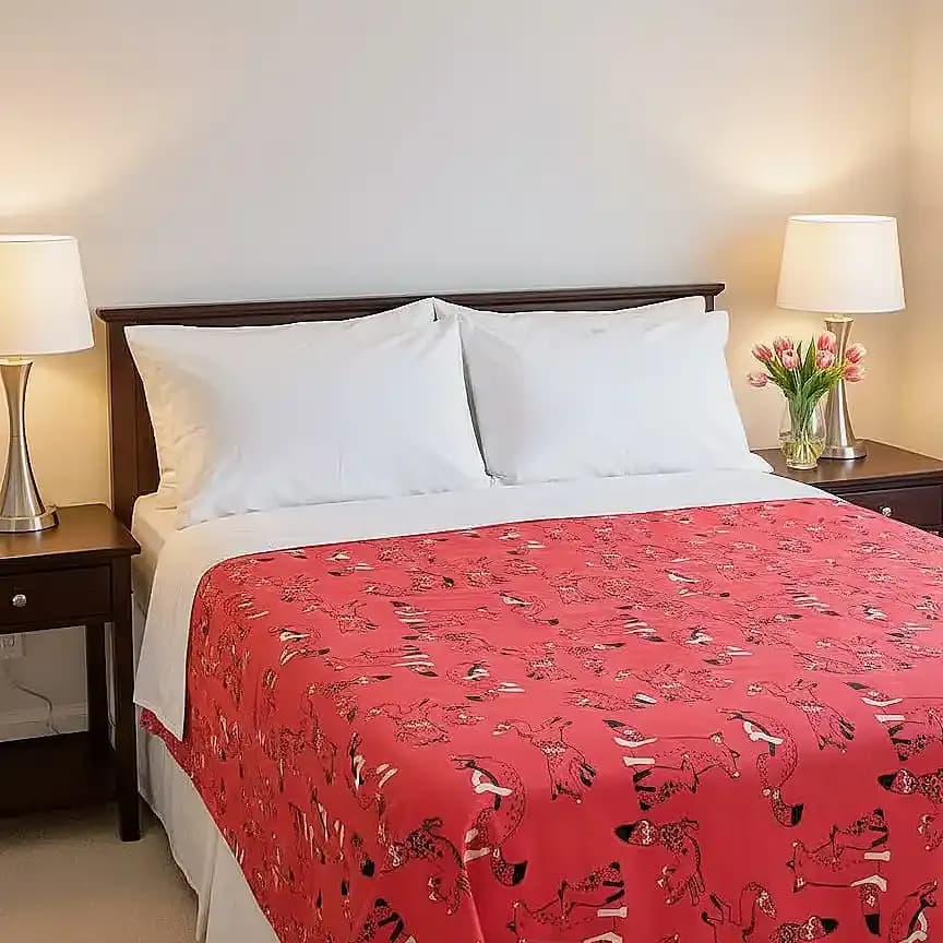 Waterproof bedsheet made with original China fabric featuring 3D deep red printed floral design on bed