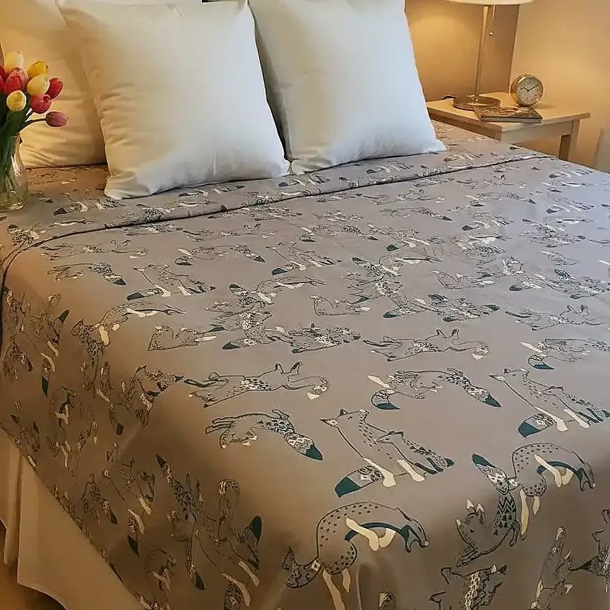 Waterproof bedsheet made with original China fabric featuring 3D ash grey printed design on bed