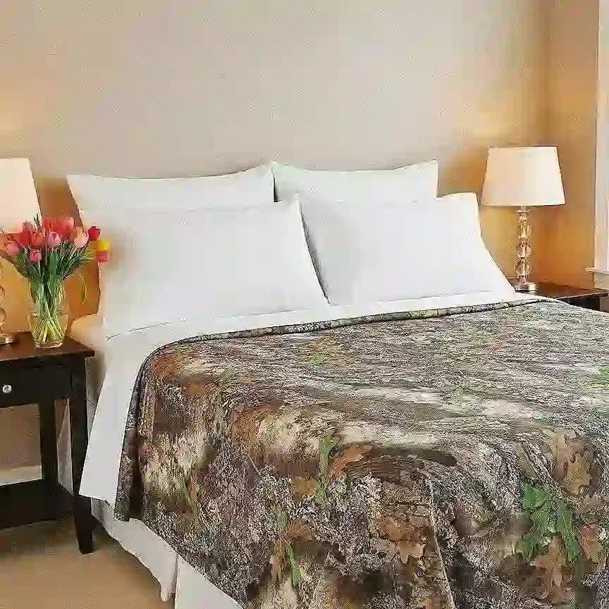 Waterproof bedsheet made with original China fabric featuring 3D military brown camouflage design on bed