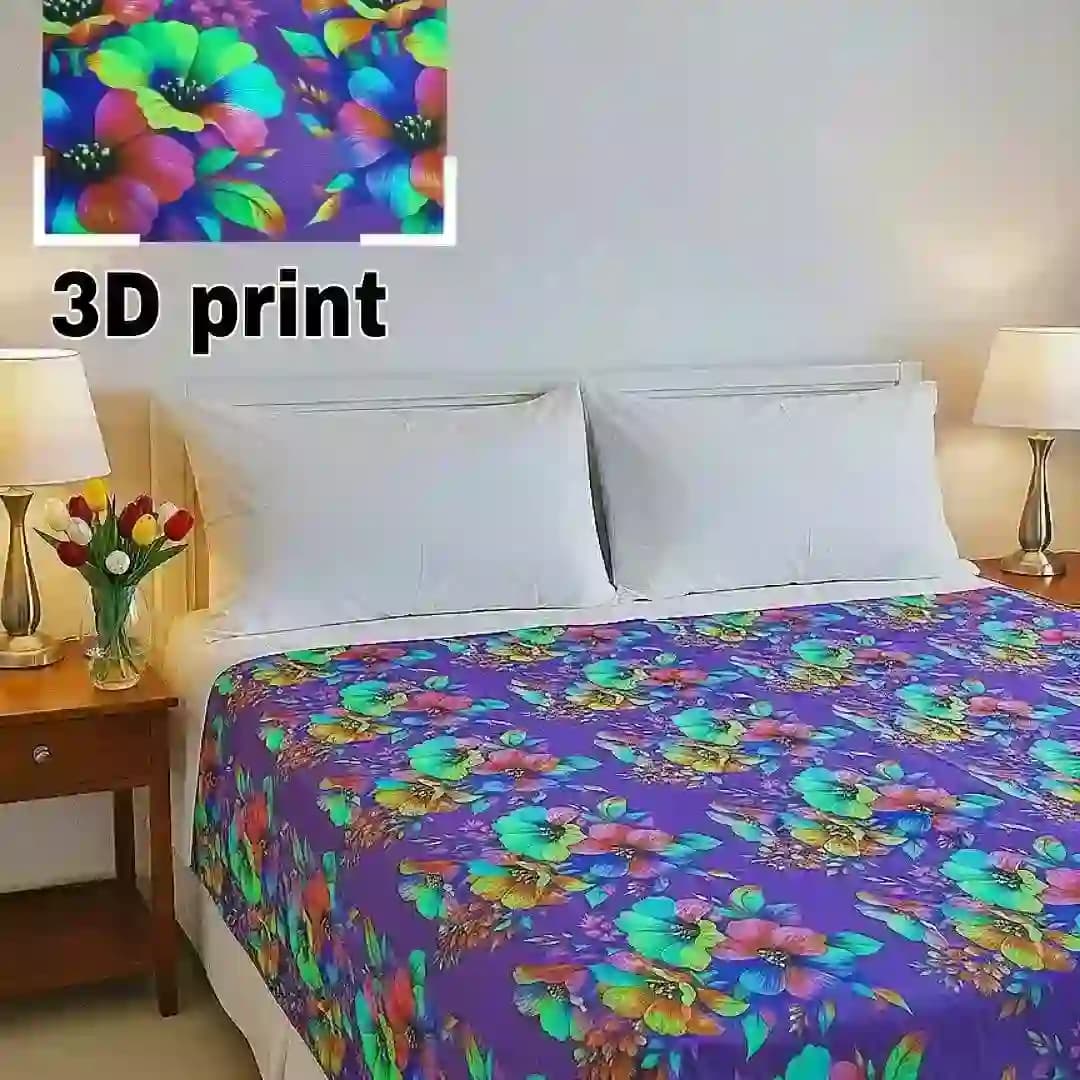 Waterproof bedsheet made with original China fabric featuring 3D light royal purple floral design on bed