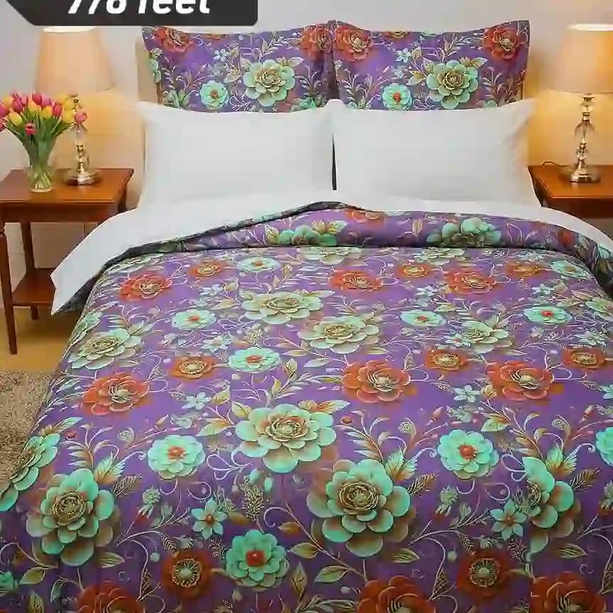 Waterproof bedsheet made with original China fabric featuring 3D purple floral design on bed